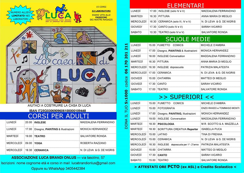 Luca Brandi Onlus: dal 24 ottobre via ai Laboratori per le energie di giovani e adulti