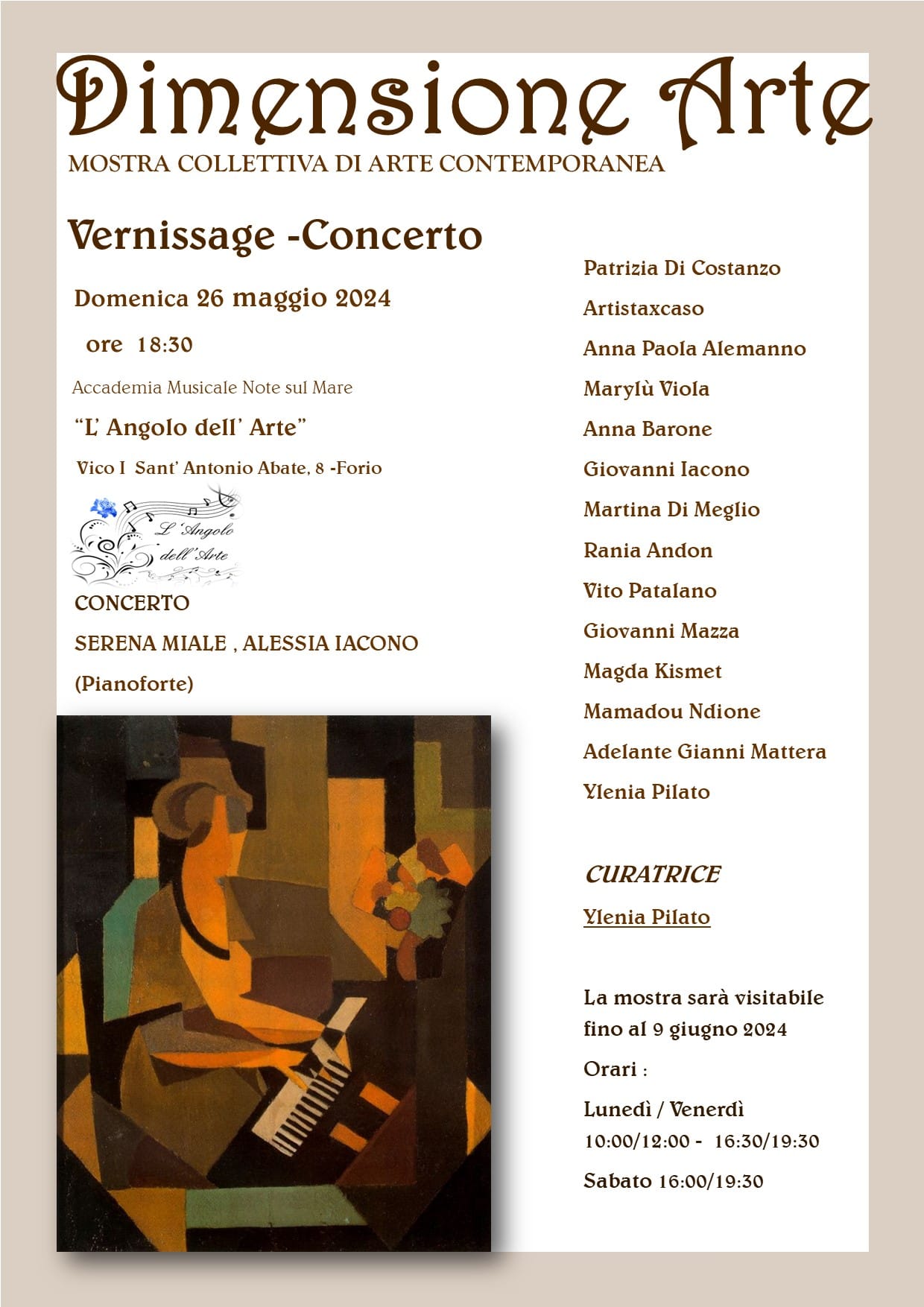 L’ANGOLO DELL’ARTE PRESENTA “DIMENSIONE ARTE”, VERNISSAGE-CONCERTO