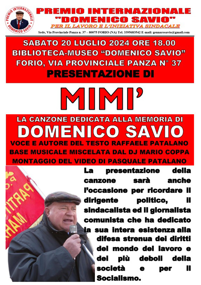 SABATO A FORIO SI PRESENTA “MIMI”, LA CANZONE DI RAFFAELE PATALANO DEDICATA A DOMENICO SAVIO