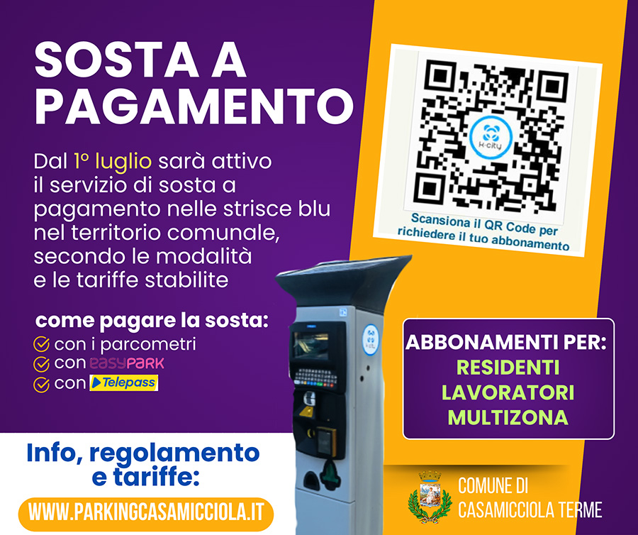 AVVISO COMUNE DI CASAMICCIOLA TERME: DAL 1° LUGLIO ATTIVA LA SOSTA A PAGAMENTO SULLE STRISCE BLU