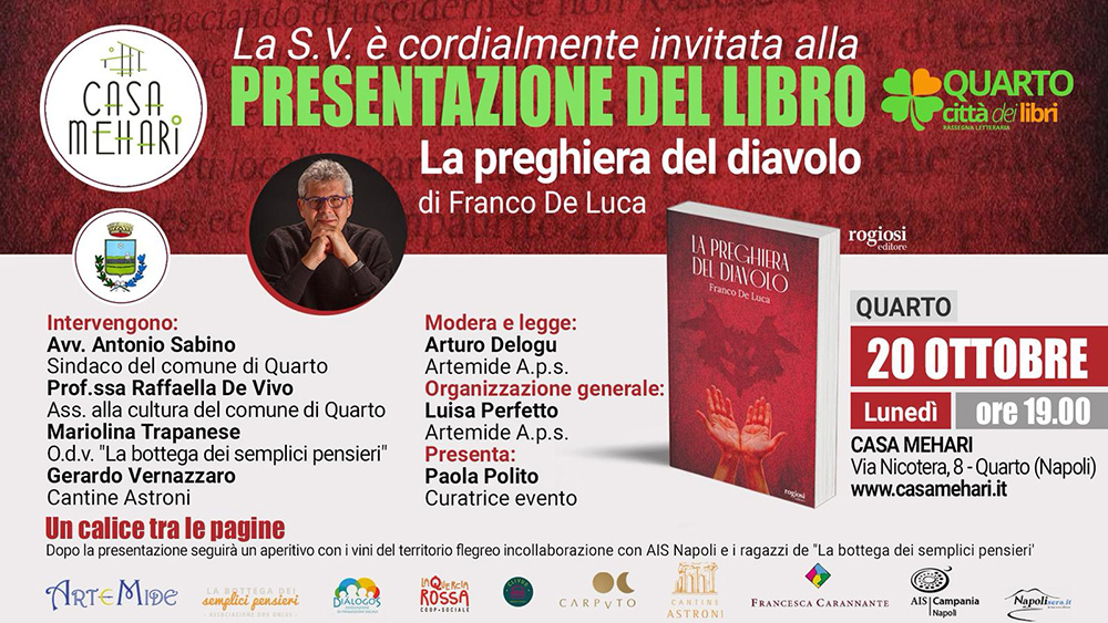 QUARTO, FRANCO DE LUCA PRESENTA IL LIBRO “LA PREGHIERA DEL DIAVOLO” A CASA MEHARI