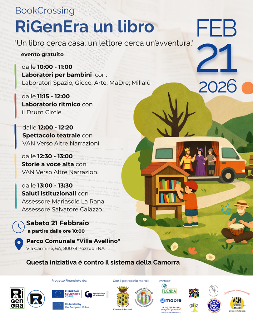 POZZUOLI, EVENTO DI BOOKCROSSING CON MUSICA E SOLIDARIETÀ. APPUNTAMENTO SABATO 21 FEBBRAIO A VILLA AVELLINO